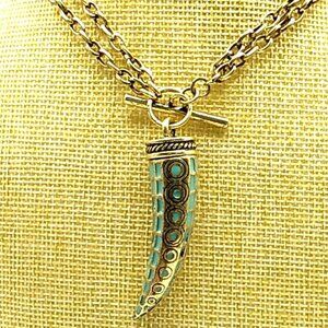 Cookie Lee Aqua Enamel & Gold Horn Pendant Necklace Gold-tone Double Chain
